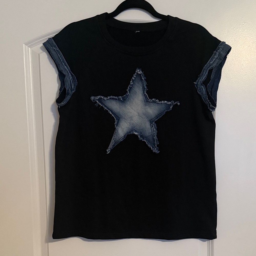 Black T-Shirt with Denim Star Design